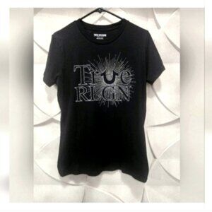 True Religion Women's T Shirt Size Large Black Silver Rhinestones